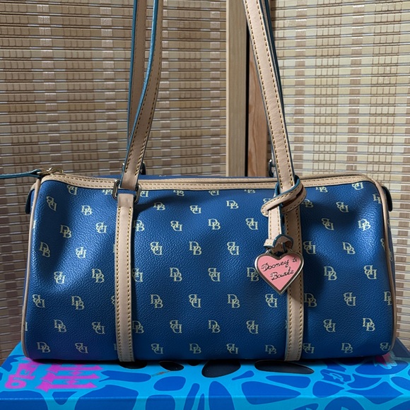 Dooney & Bourke Handbags - Dooney & Bourke Vintage Monogram Blue and Tan Shoulder Bag Barrel Bag